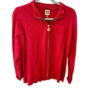 Anne Klein Red Rhinestone Zip Up Cardigan Sweater Women XL